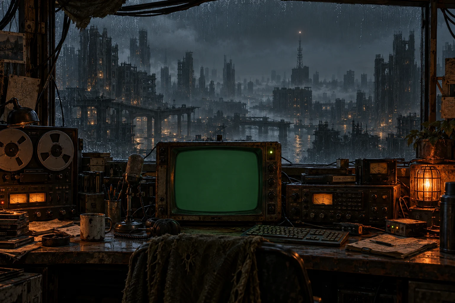 A rooftop pirate radio studio above a rain-soaked ruined city, with a green CRT, analog radio equipment and an amber lamp.
